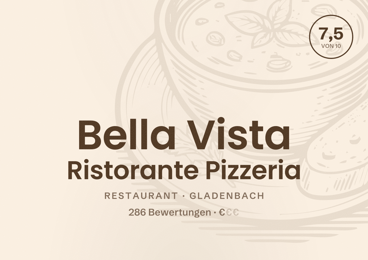 Illustriertes Poster von Bella Vista Ristorante Pizzeria, Restaurant in Gladenbach: Bewertung 7,5 von 10 aus 286 Bewertungen, Preisniveau €