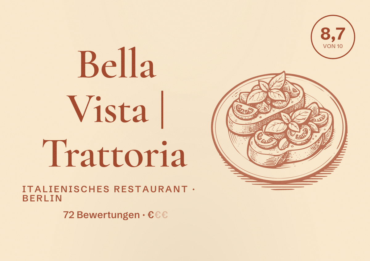 Illustriertes Poster von Bella Vista | Trattoria, Italienisches Restaurant in Berlin: Bewertung 8,7 von 10 aus 72 Bewertungen, Preisniveau €