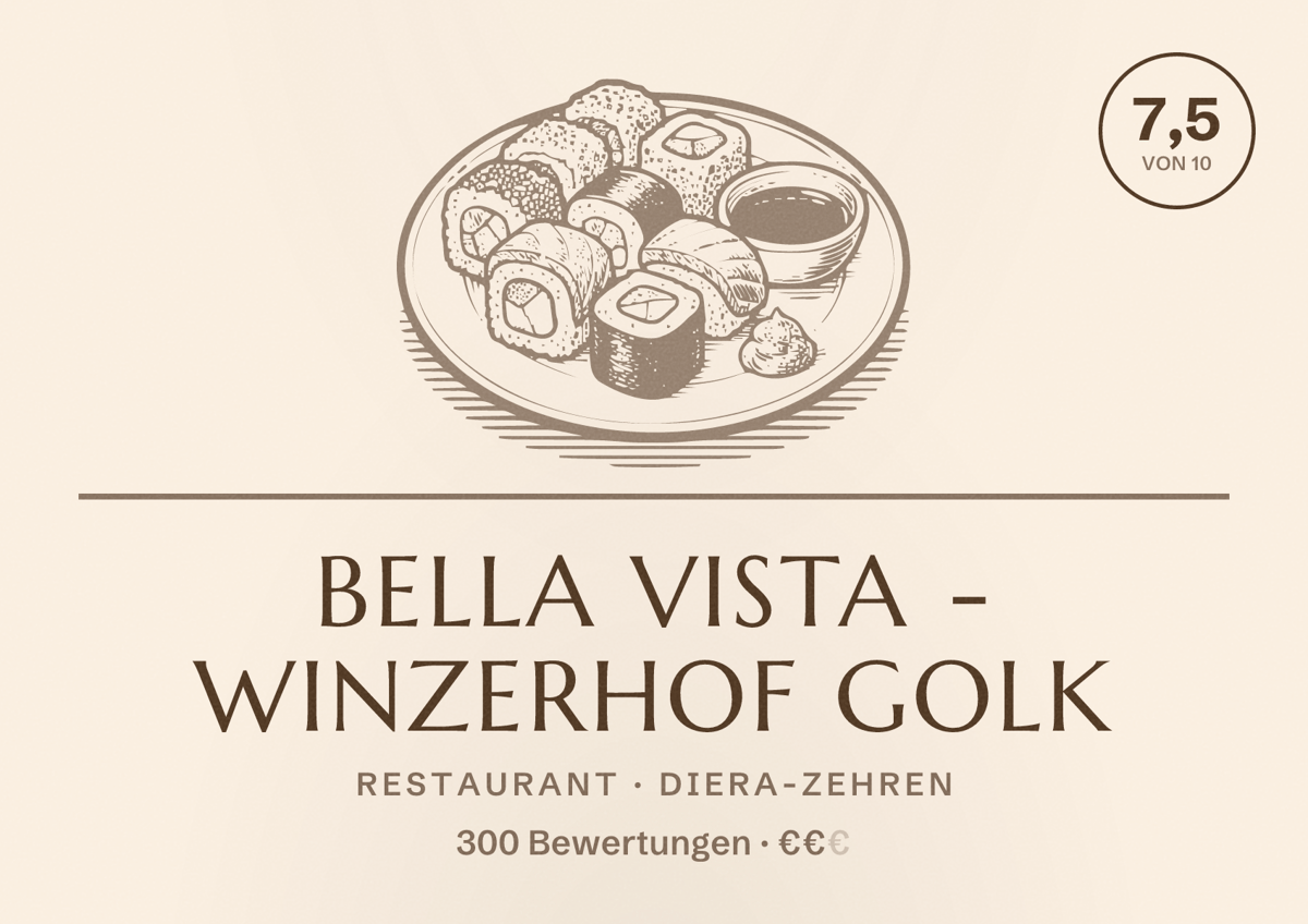 Illustriertes Poster von Bella Vista - Winzerhof Golk, Restaurant in Diera-Zehren: Bewertung 7,5 von 10 aus 300 Bewertungen, Preisniveau €€