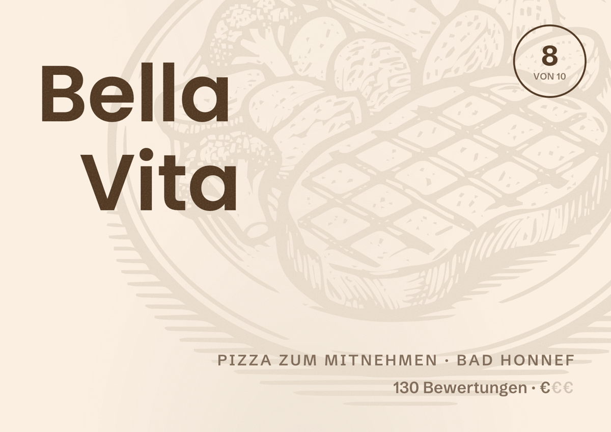 Illustriertes Poster von Bella Vita, Pizza zum Mitnehmen in Bad Honnef: Bewertung 8 von 10 aus 130 Bewertungen, Preisniveau €