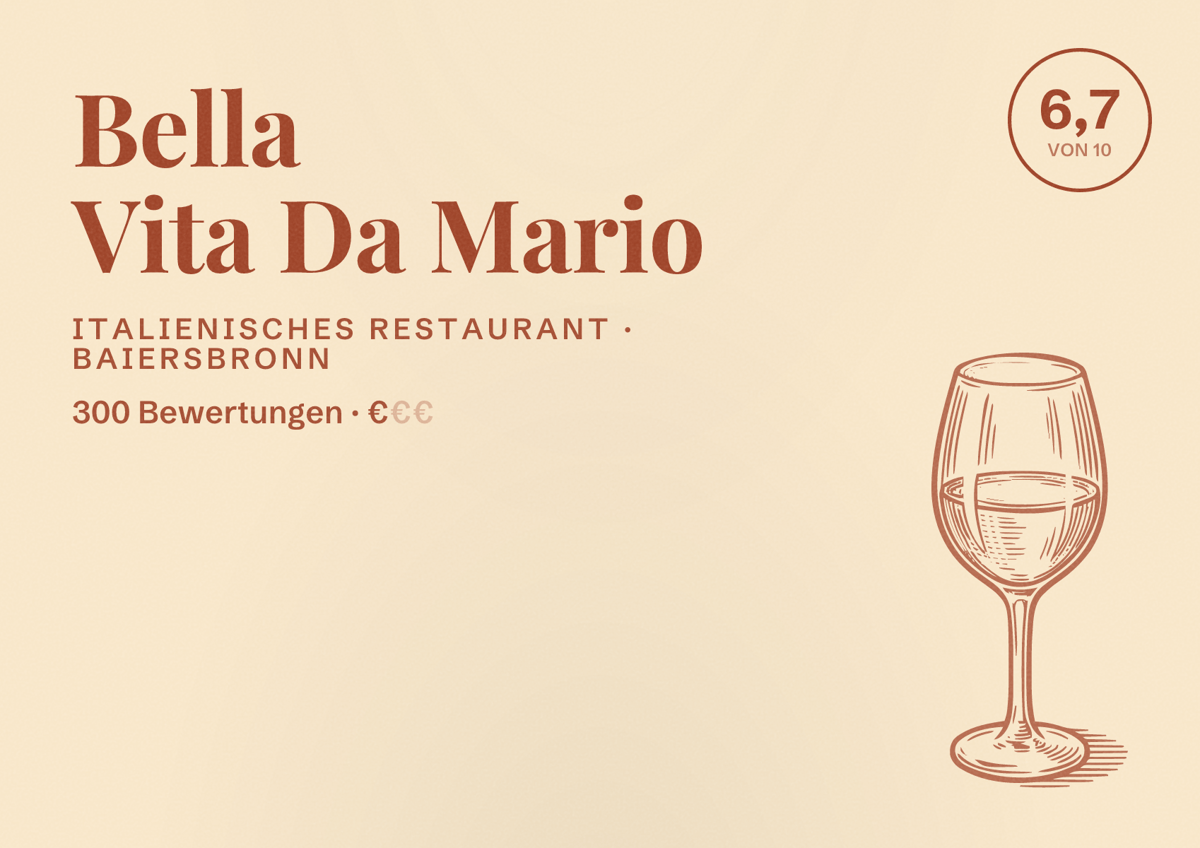 Illustriertes Poster von Bella Vita Da Mario, Italienisches Restaurant in Baiersbronn: Bewertung 6,7 von 10 aus 300 Bewertungen, Preisniveau €