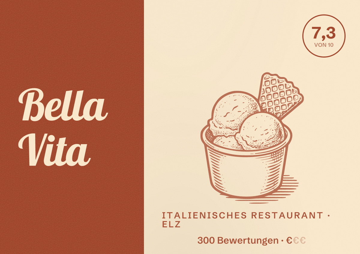 Illustriertes Poster von Bella Vita, Italienisches Restaurant in Elz: Bewertung 7,3 von 10 aus 300 Bewertungen, Preisniveau €