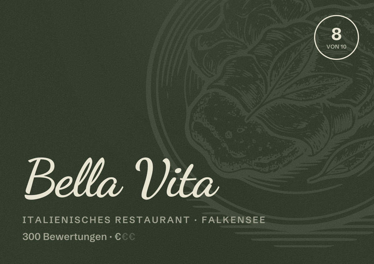 Illustriertes Poster von Bella Vita, Italienisches Restaurant in Falkensee: Bewertung 8 von 10 aus 300 Bewertungen, Preisniveau €