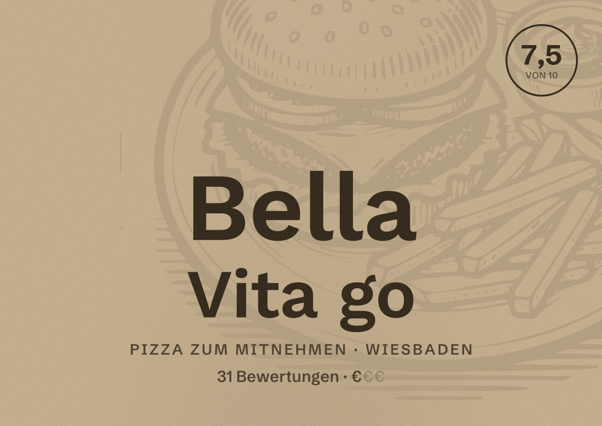 Illustriertes Poster von Bella Vita go, Pizza zum Mitnehmen in Wiesbaden: Bewertung 7,5 von 10 aus 31 Bewertungen, Preisniveau €