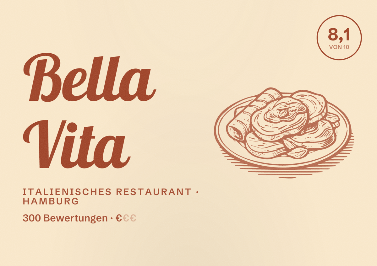 Illustriertes Poster von Bella Vita, Italienisches Restaurant in Hamburg: Bewertung 8,1 von 10 aus 300 Bewertungen, Preisniveau €