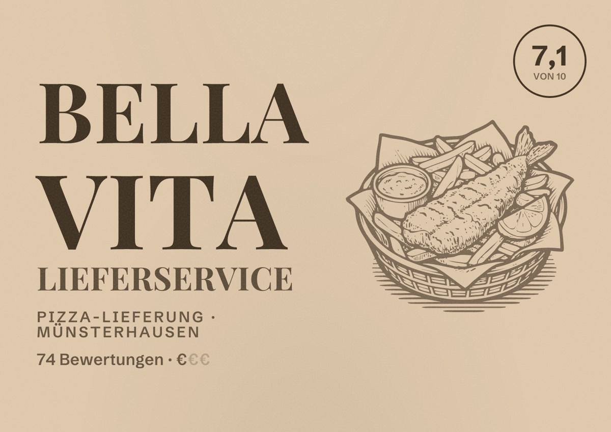 Illustriertes Poster von Bella Vita Lieferservice, Pizza-Lieferung in Münsterhausen: Bewertung 7,1 von 10 aus 74 Bewertungen, Preisniveau €