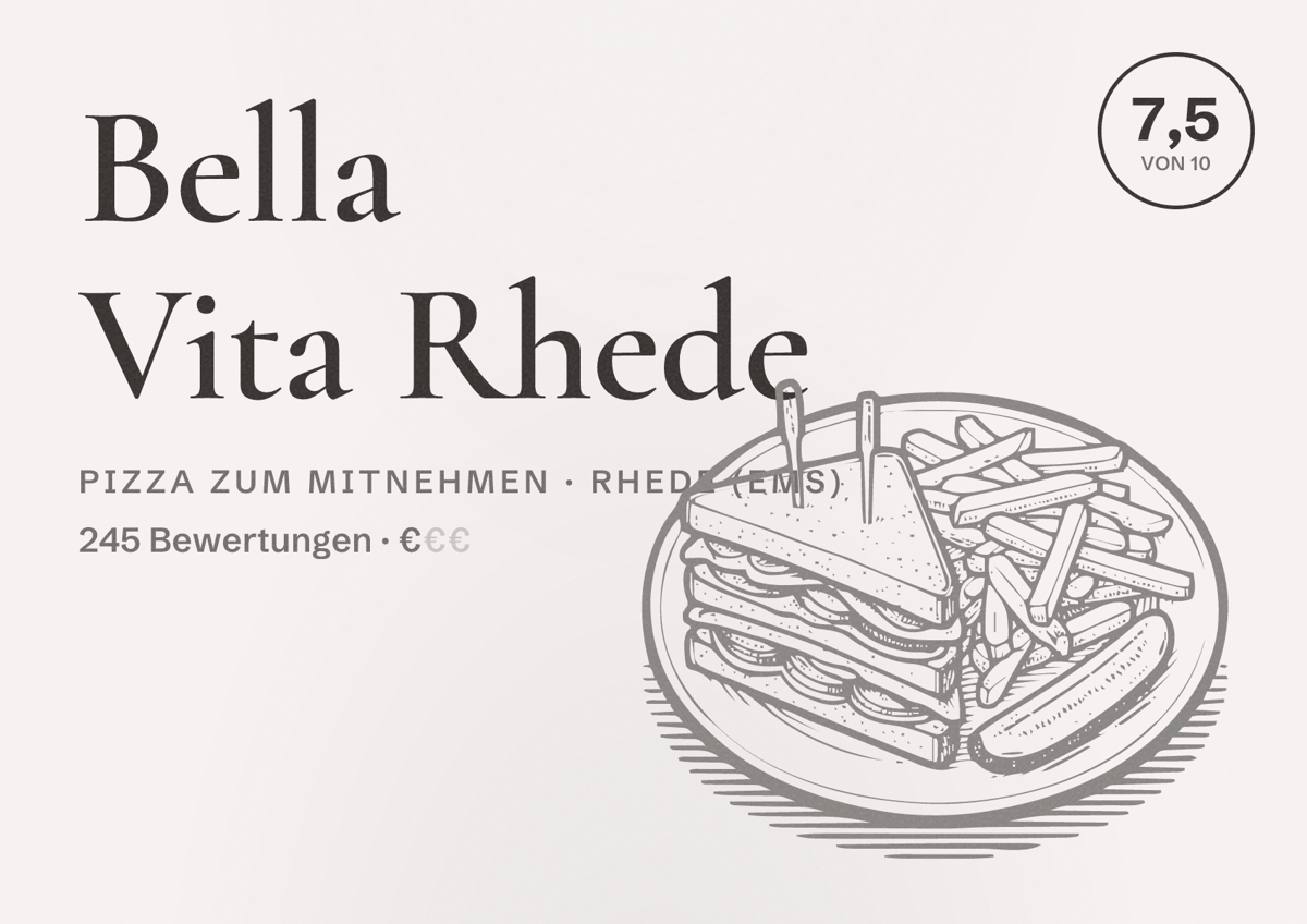 Illustriertes Poster von Bella Vita Rhede, Pizza zum Mitnehmen in Rhede (Ems): Bewertung 7,5 von 10 aus 245 Bewertungen, Preisniveau €