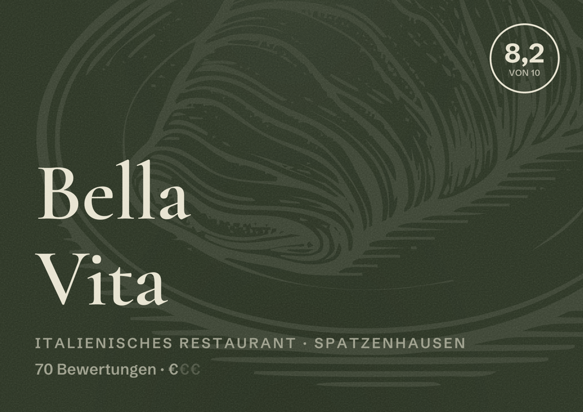 Illustriertes Poster von Bella Vita, Italienisches Restaurant in Spatzenhausen: Bewertung 8,2 von 10 aus 70 Bewertungen, Preisniveau €