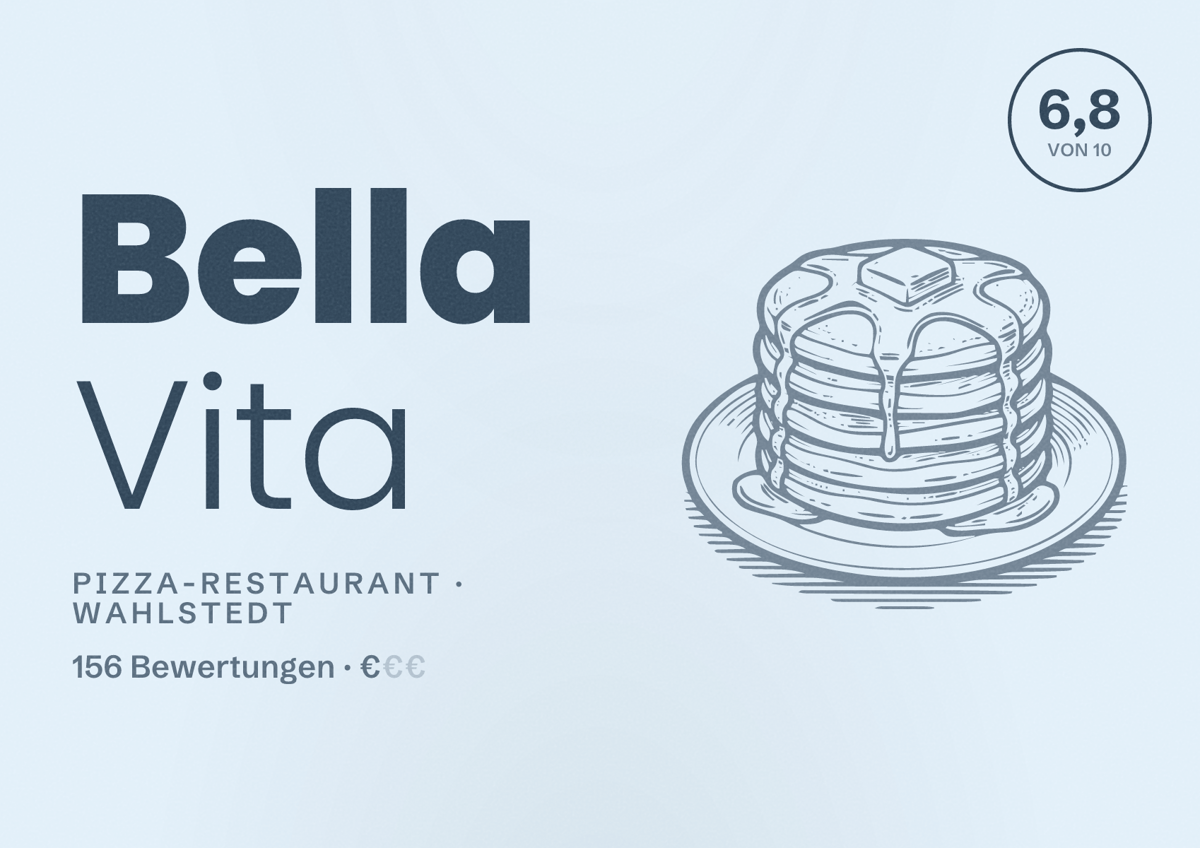 Illustriertes Poster von Bella Vita, Pizza-Restaurant in Wahlstedt: Bewertung 6,8 von 10 aus 156 Bewertungen, Preisniveau €