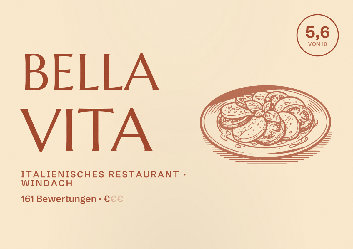 Illustriertes Poster von Bella Vita, Italienisches Restaurant in Windach: Bewertung 5,6 von 10 aus 161 Bewertungen, Preisniveau €