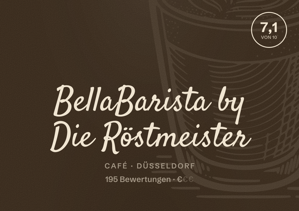 Illustriertes Poster von BellaBarista by Die Röstmeister, Café in Düsseldorf: Bewertung 7,1 von 10 aus 195 Bewertungen, Preisniveau €
