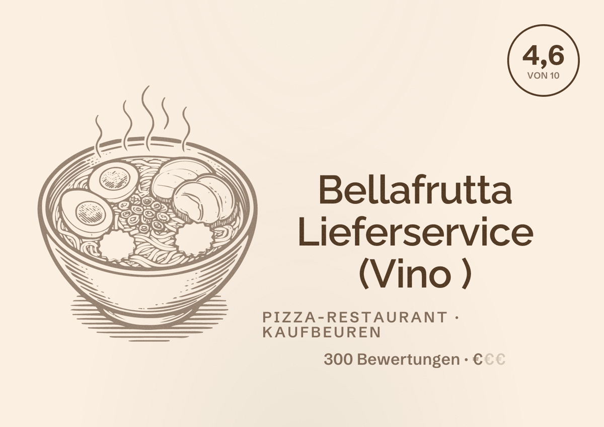 Illustriertes Poster von Bellafrutta Lieferservice (Vino ), Pizza-Restaurant in Kaufbeuren: Bewertung 4,6 von 10 aus 300 Bewertungen, Preisniveau €