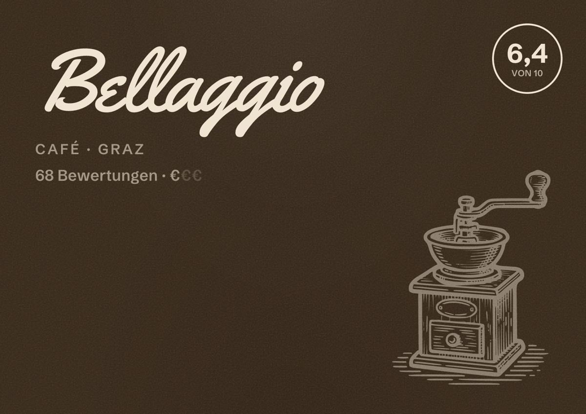 Illustriertes Poster von Bellaggio, Café in Graz: Bewertung 6,4 von 10 aus 68 Bewertungen, Preisniveau €