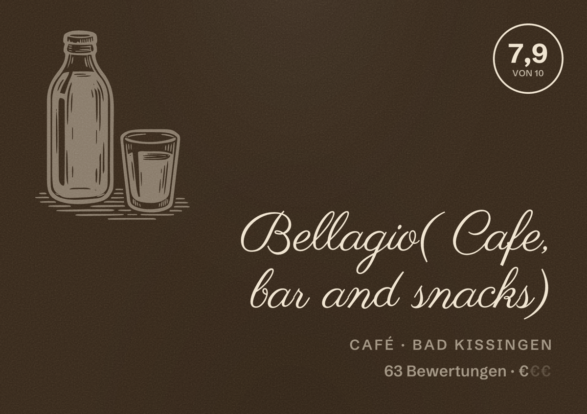 Illustriertes Poster von Bellagio( Cafe, bar and snacks), Café in Bad Kissingen: Bewertung 7,9 von 10 aus 63 Bewertungen, Preisniveau €