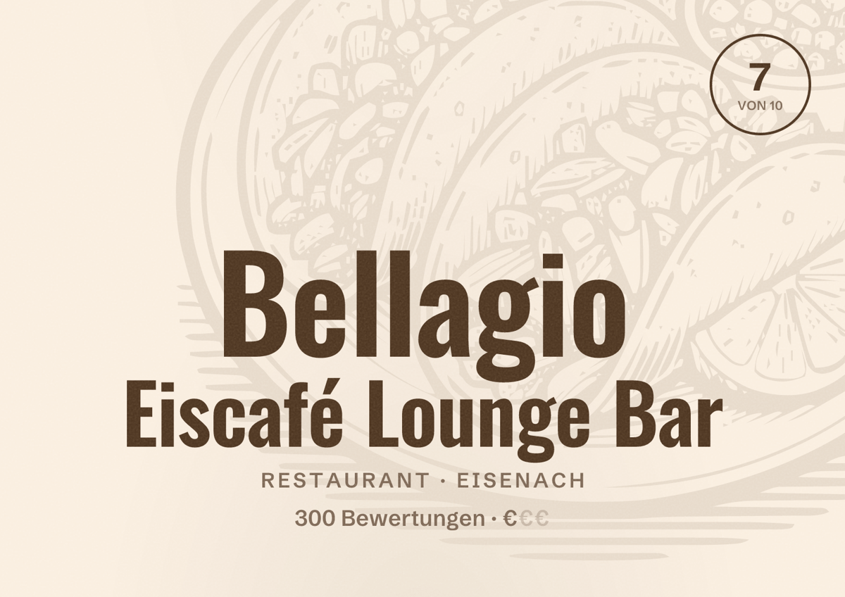 Illustriertes Poster von Bellagio Eiscafé Lounge Bar, Restaurant in Eisenach: Bewertung 7 von 10 aus 300 Bewertungen, Preisniveau €