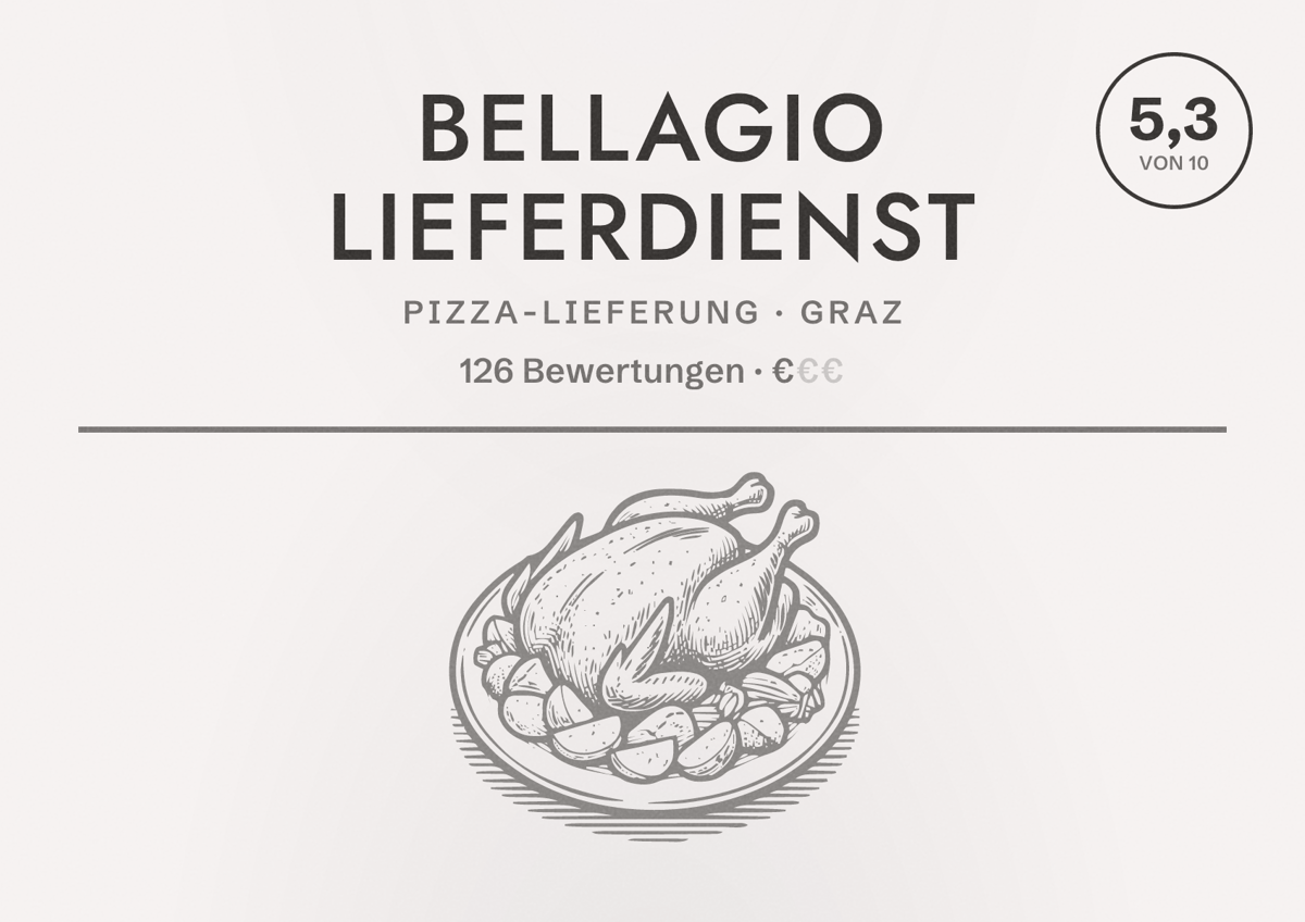 Illustriertes Poster von Bellagio Lieferdienst, Pizza-Lieferung in Graz: Bewertung 5,3 von 10 aus 126 Bewertungen, Preisniveau €