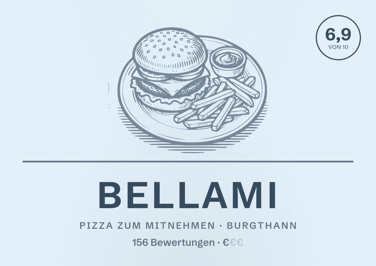Illustriertes Poster von Bellami, Pizza zum Mitnehmen in Burgthann: Bewertung 6,9 von 10 aus 156 Bewertungen, Preisniveau €