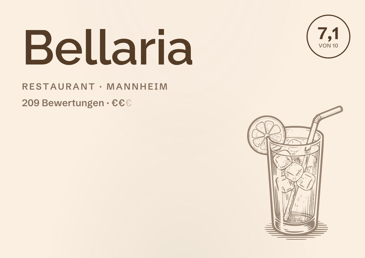 Illustriertes Poster von Bellaria, Restaurant in Mannheim: Bewertung 7,1 von 10 aus 209 Bewertungen, Preisniveau €€