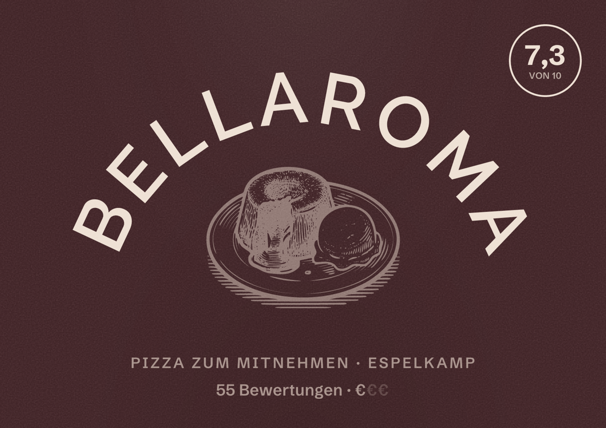 Illustriertes Poster von BellaRoma, Pizza zum Mitnehmen in Espelkamp: Bewertung 7,3 von 10 aus 55 Bewertungen, Preisniveau €