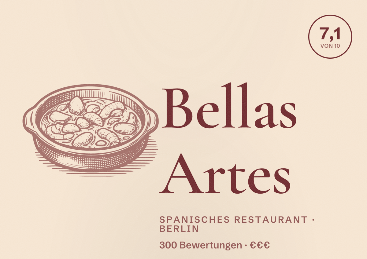 Illustriertes Poster von Bellas Artes, Spanisches Restaurant in Berlin: Bewertung 7,1 von 10 aus 300 Bewertungen, Preisniveau €€€