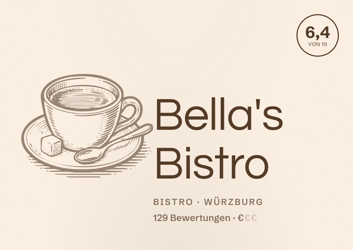 Illustriertes Poster von Bella's Bistro, Bistro in Würzburg: Bewertung 6,4 von 10 aus 129 Bewertungen, Preisniveau €