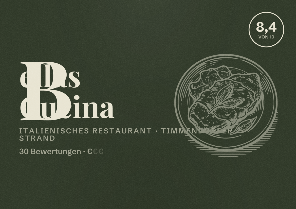Illustriertes Poster von Bellas Cucina, Italienisches Restaurant in Timmendorfer Strand: Bewertung 8,4 von 10 aus 30 Bewertungen, Preisniveau €