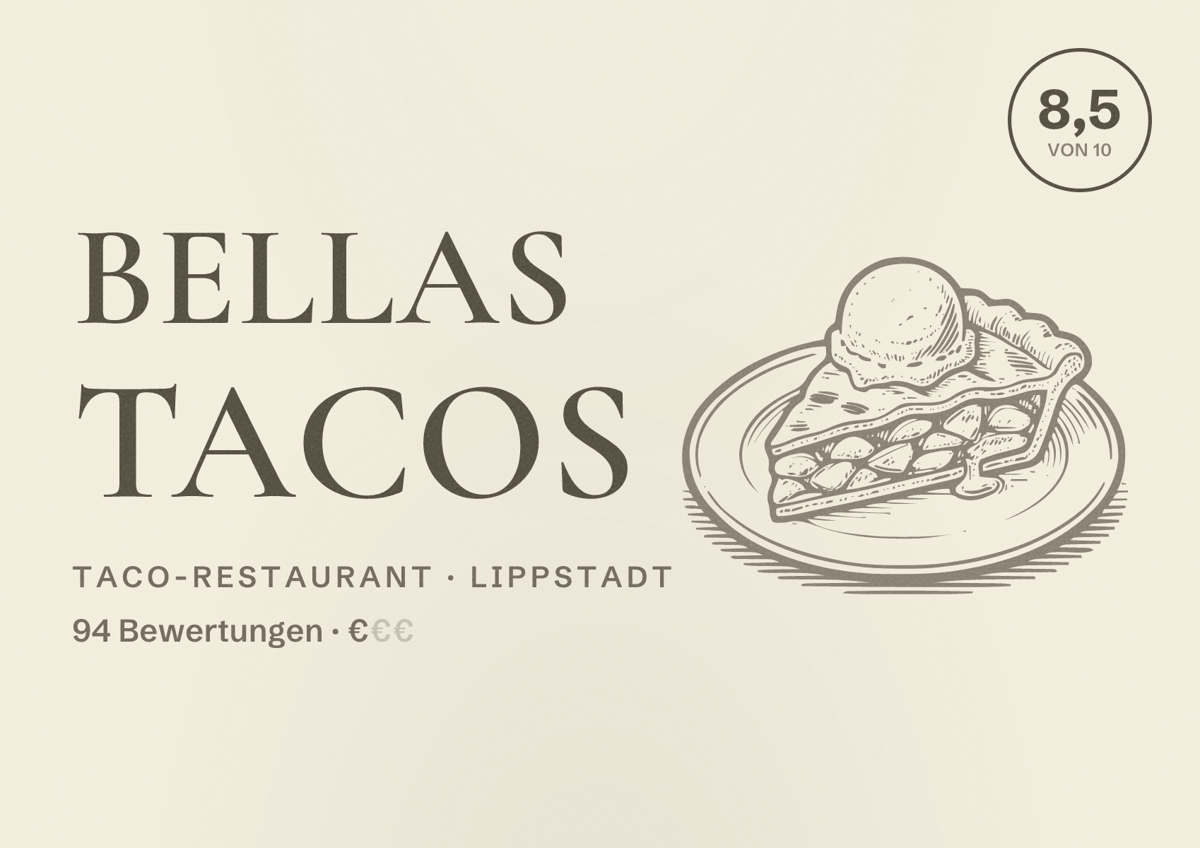 Illustriertes Poster von Bellas Tacos, Taco-Restaurant in Lippstadt: Bewertung 8,5 von 10 aus 94 Bewertungen, Preisniveau €