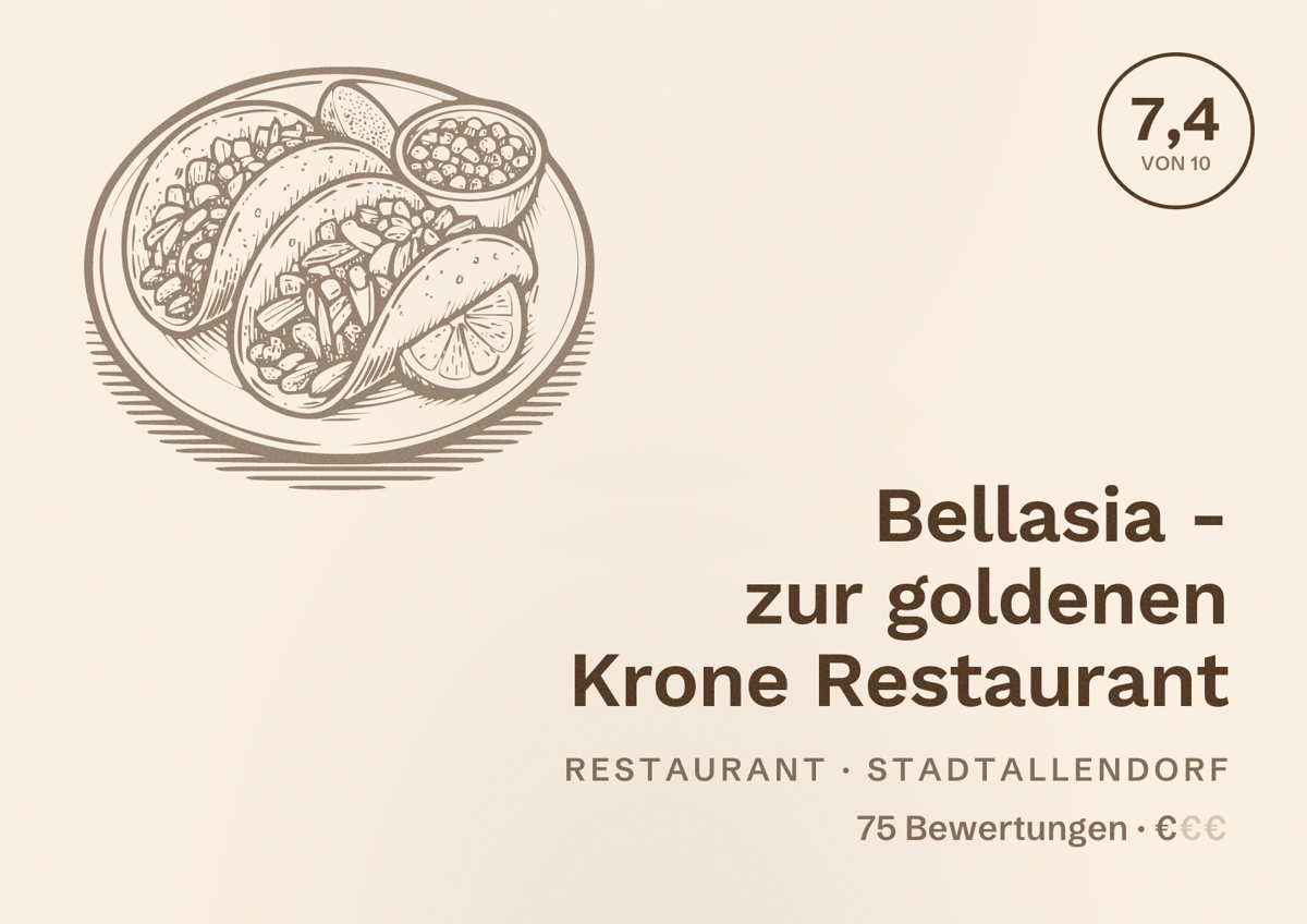 Illustriertes Poster von Bellasia - zur goldenen Krone Restaurant, Restaurant in Stadtallendorf: Bewertung 7,4 von 10 aus 75 Bewertungen, Preisniveau €