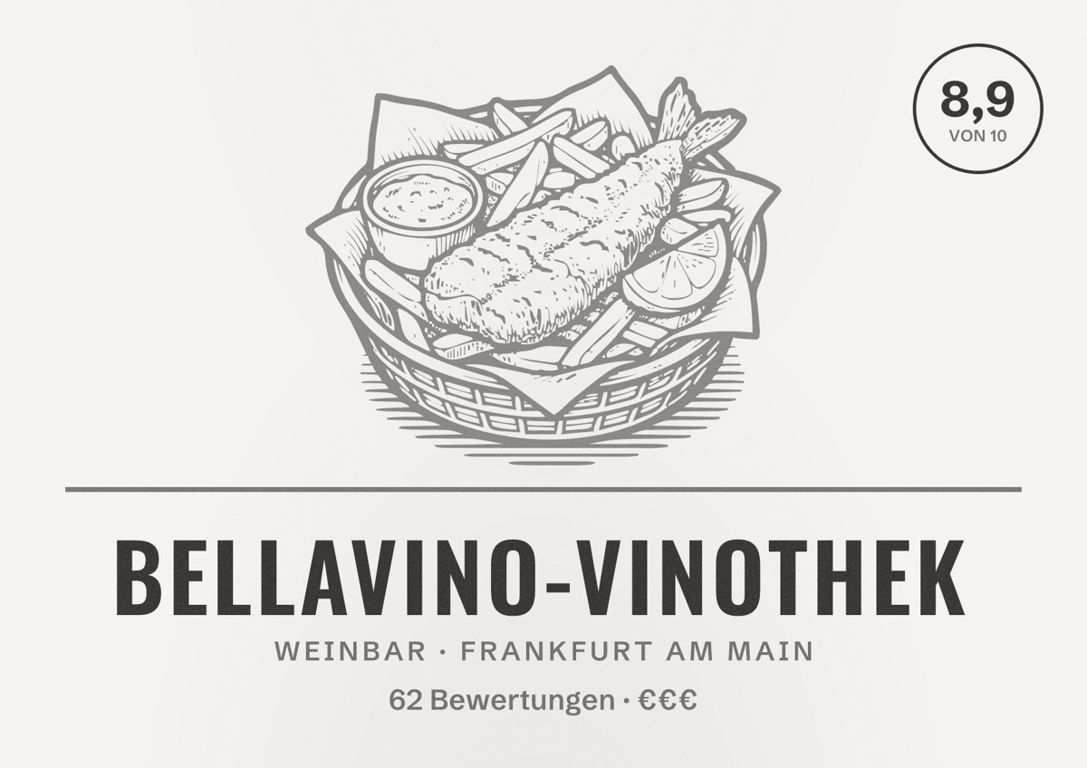 Illustriertes Poster von Bellavino-Vinothek, Weinbar in Frankfurt am Main: Bewertung 8,9 von 10 aus 62 Bewertungen, Preisniveau €€€