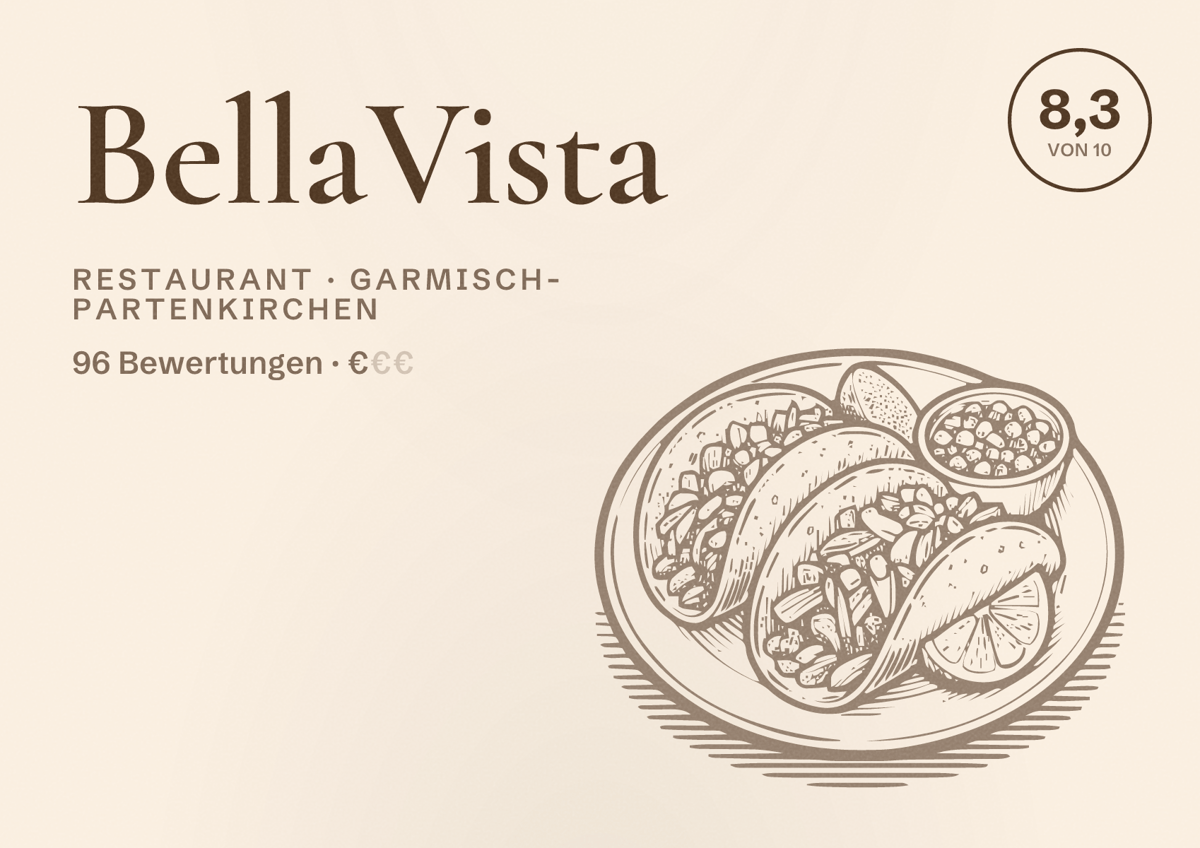 Illustriertes Poster von BellaVista, Restaurant in Garmisch-Partenkirchen: Bewertung 8,3 von 10 aus 96 Bewertungen, Preisniveau €