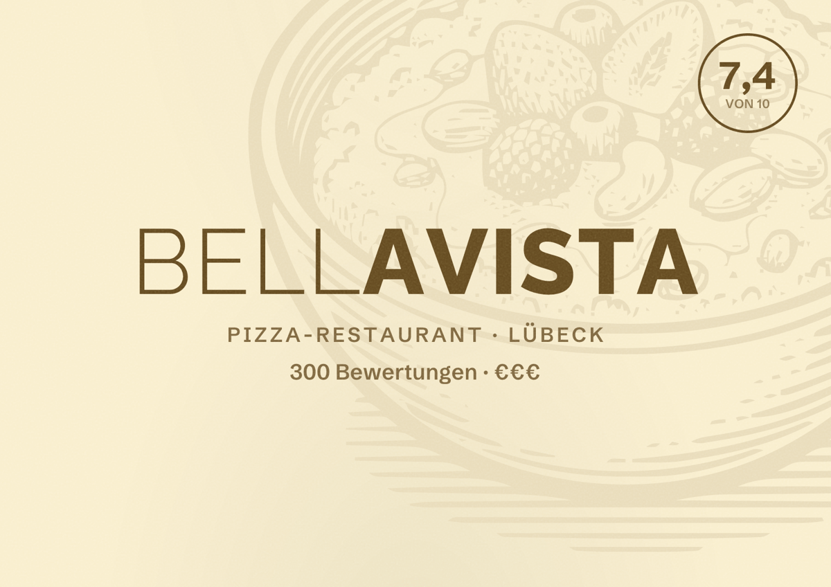 Illustriertes Poster von Bellavista, Pizza-Restaurant in Lübeck: Bewertung 7,4 von 10 aus 300 Bewertungen, Preisniveau €€€
