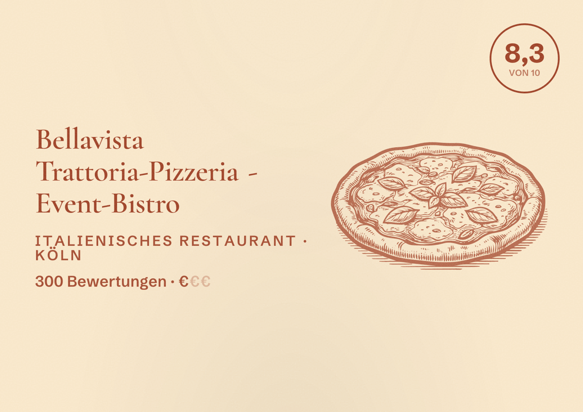 Illustriertes Poster von Bellavista Trattoria-Pizzeria - Event-Bistro, Italienisches Restaurant in Köln: Bewertung 8,3 von 10 aus 300 Bewertungen, Preisniveau €