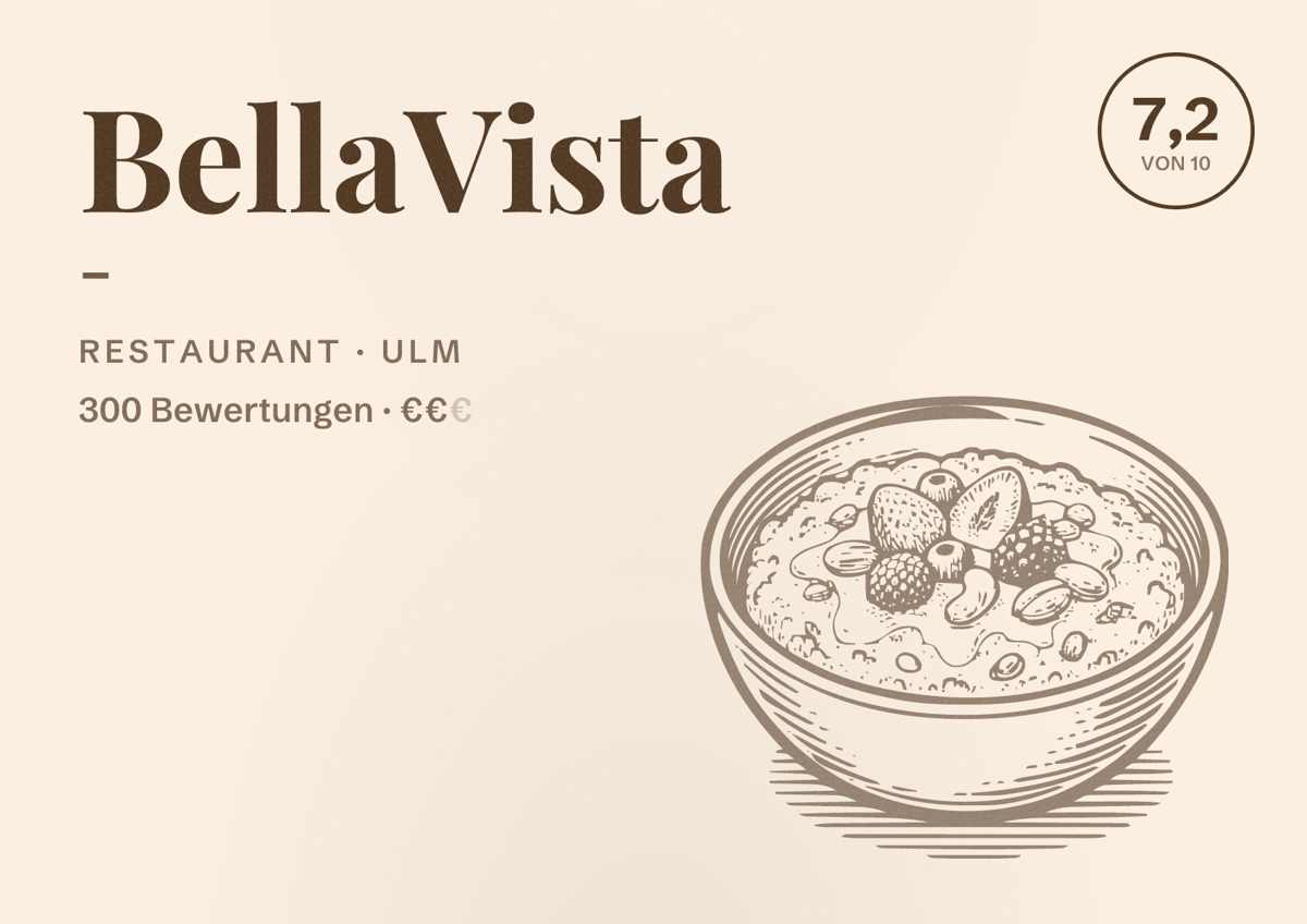 Illustriertes Poster von BellaVista -, Restaurant in Ulm: Bewertung 7,2 von 10 aus 300 Bewertungen, Preisniveau €€