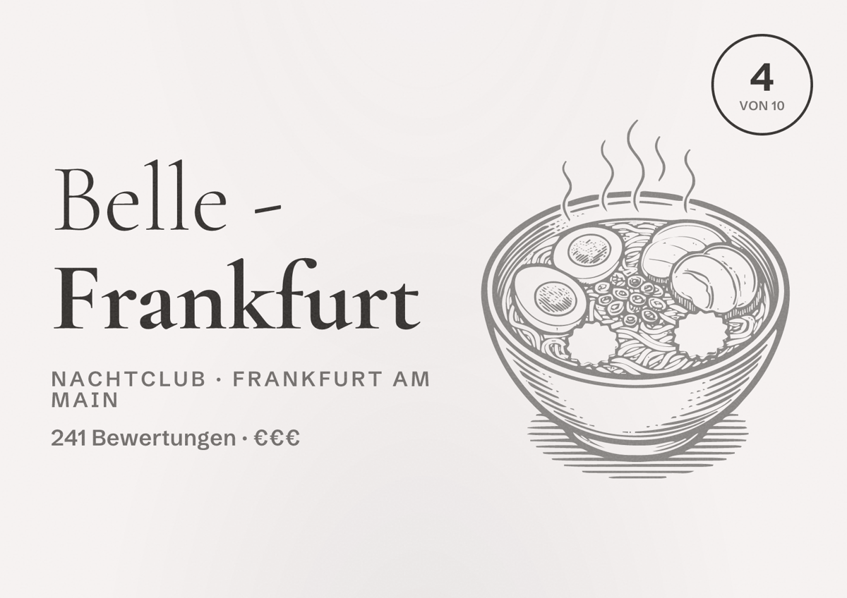Illustriertes Poster von Belle - Frankfurt, Nachtclub in Frankfurt am Main: Bewertung 4,0 von 10 aus 241 Bewertungen, Preisniveau €€€