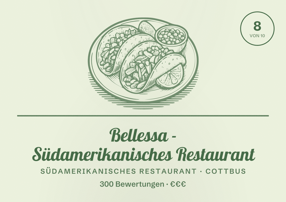 Illustriertes Poster von Bellessa - Südamerikanisches Restaurant, Südamerikanisches Restaurant in Cottbus: Bewertung 8 von 10 aus 300 Bewertungen, Preisniveau €€€