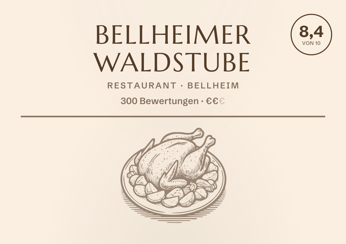 Illustriertes Poster von Bellheimer Waldstube, Restaurant in Bellheim: Bewertung 8,4 von 10 aus 300 Bewertungen, Preisniveau €€