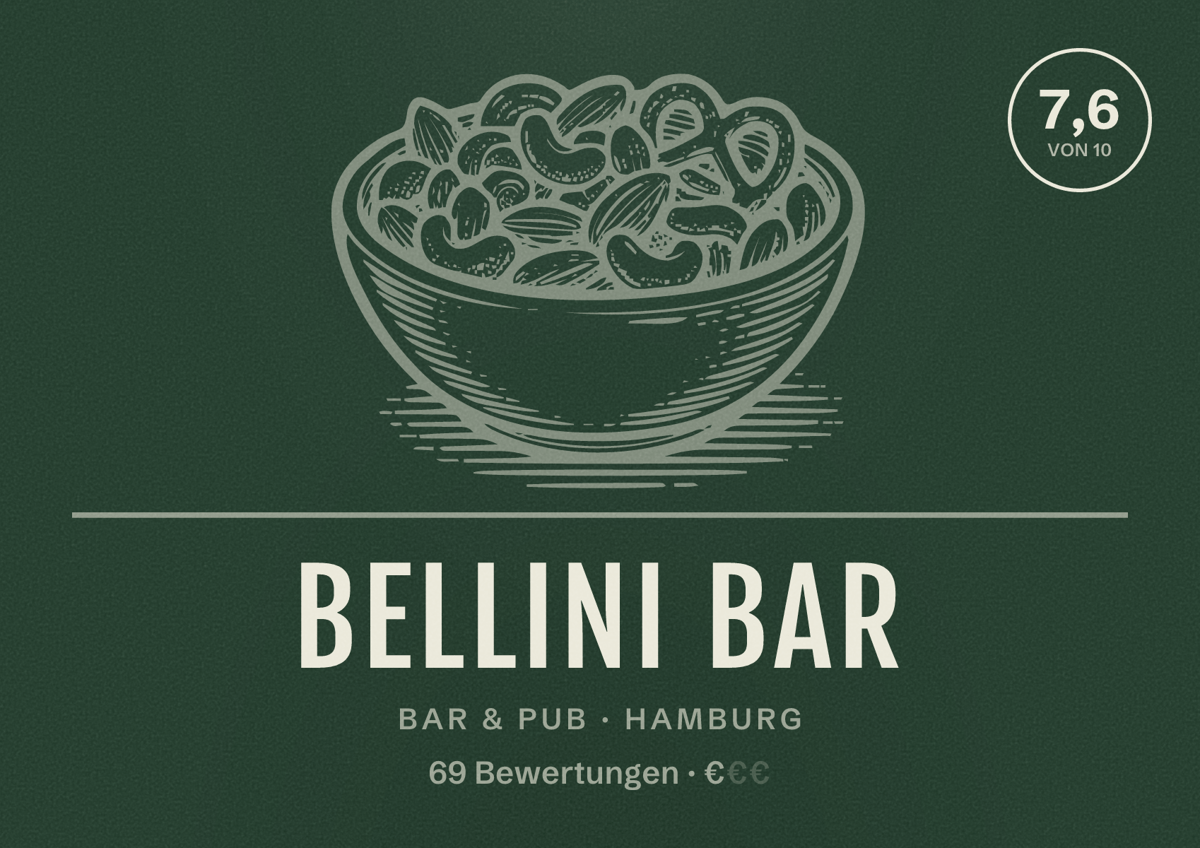Illustriertes Poster von Bellini Bar, Bar & Pub in Hamburg: Bewertung 7,6 von 10 aus 69 Bewertungen, Preisniveau €