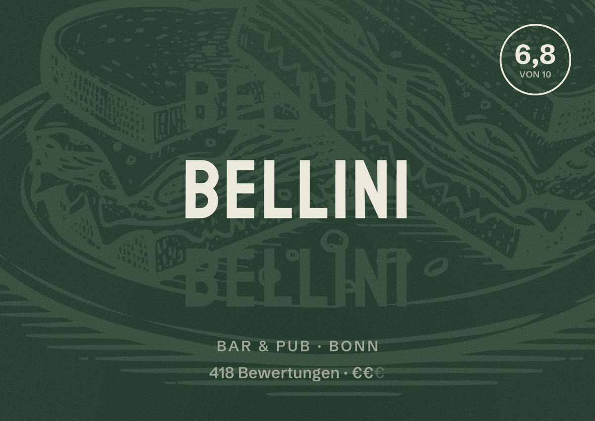 Illustriertes Poster von Bellini, Bar & Pub in Bonn: Bewertung 6,8 von 10 aus 418 Bewertungen, Preisniveau €€
