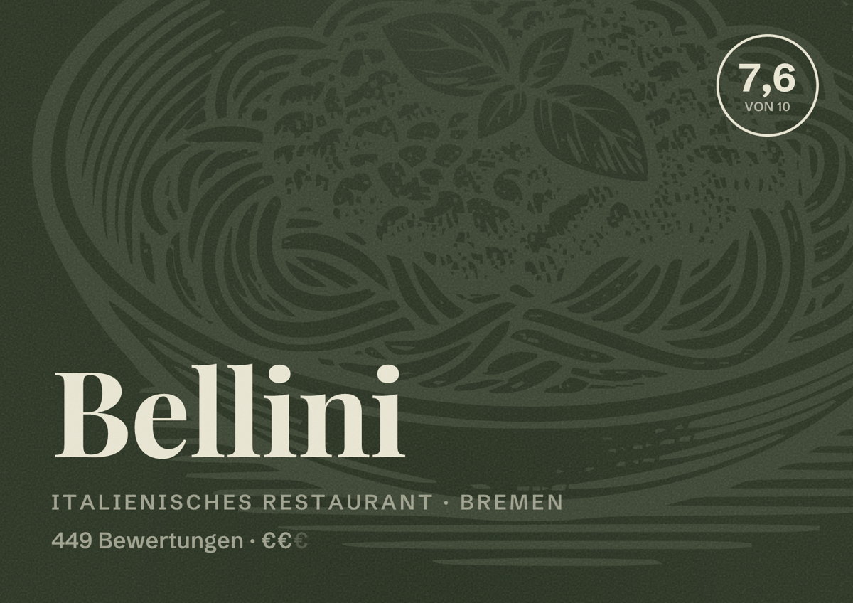 Illustriertes Poster von Bellini, Italienisches Restaurant in Bremen: Bewertung 7,6 von 10 aus 449 Bewertungen, Preisniveau €€
