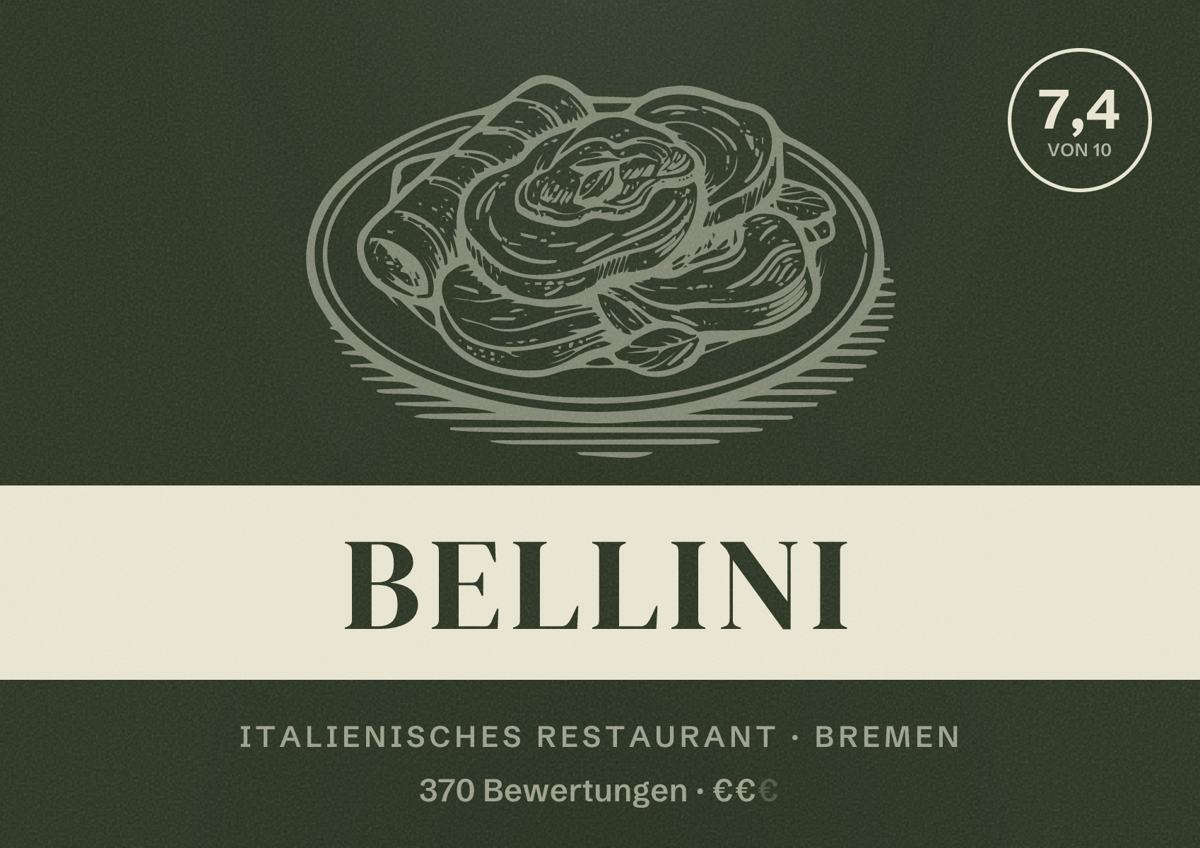 Illustriertes Poster von bellini, Italienisches Restaurant in Bremen: Bewertung 7,4 von 10 aus 370 Bewertungen, Preisniveau €€