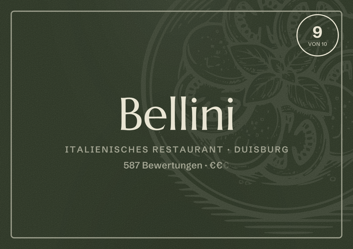 Illustriertes Poster von Bellini, Italienisches Restaurant in Duisburg: Bewertung 9 von 10 aus 587 Bewertungen, Preisniveau €€