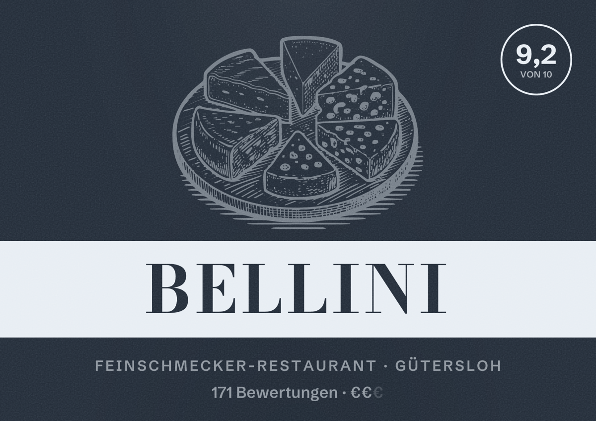 Illustriertes Poster von Bellini, Feinschmecker-Restaurant in Gütersloh: Bewertung 9,2 von 10 aus 171 Bewertungen, Preisniveau €€