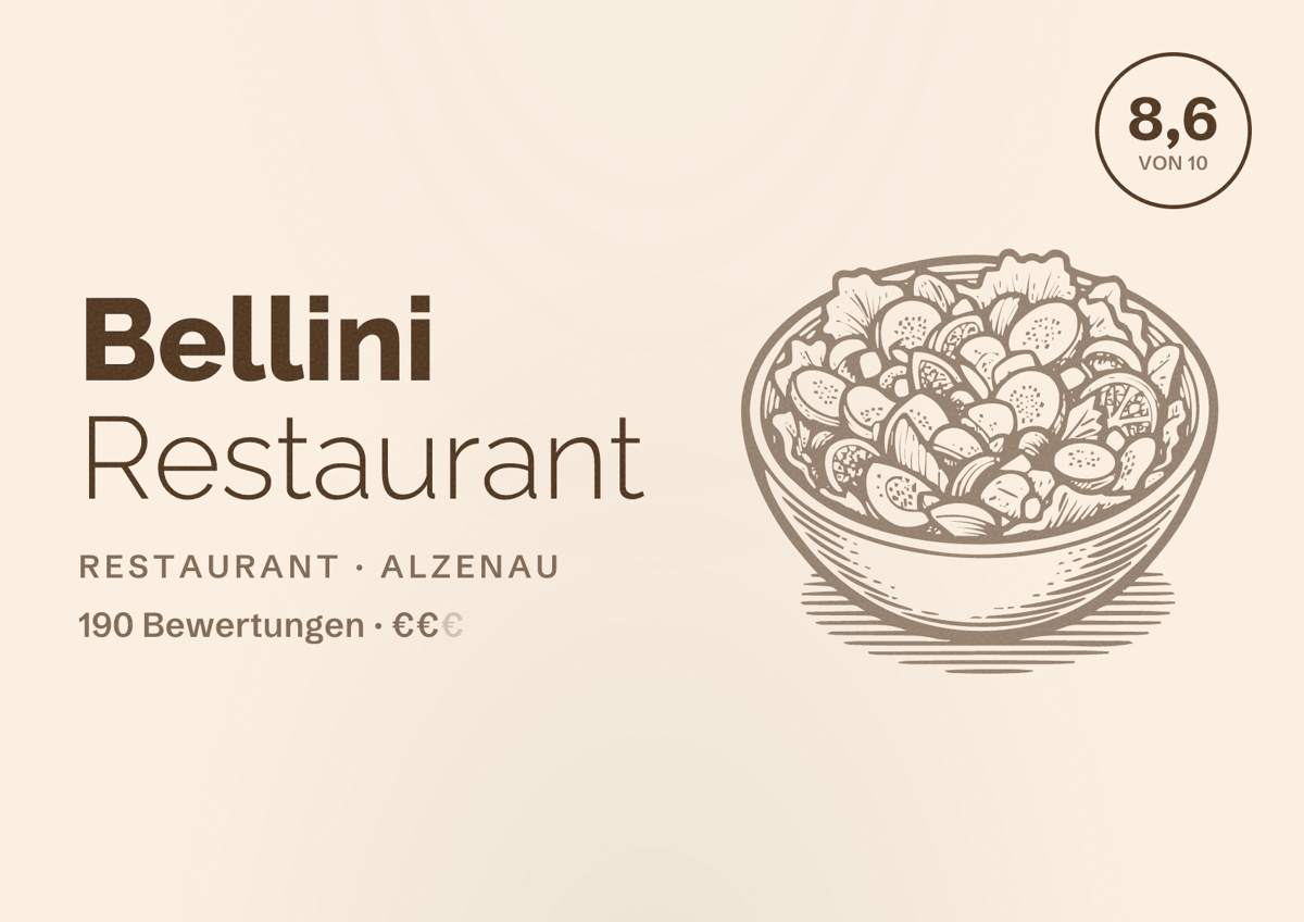 Illustriertes Poster von Bellini Restaurant, Restaurant in Alzenau: Bewertung 8,6 von 10 aus 190 Bewertungen, Preisniveau €€
