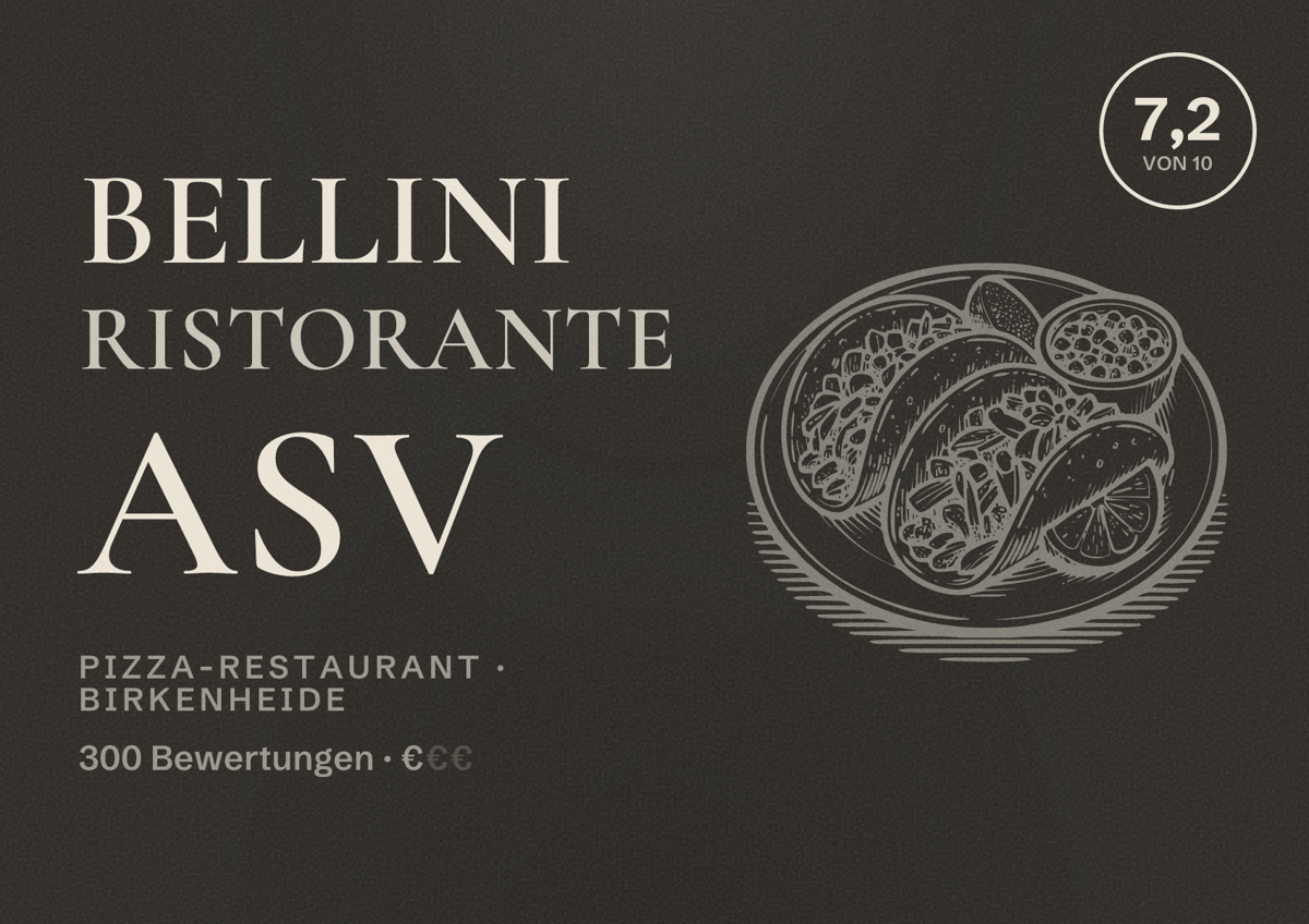 Illustriertes Poster von Bellini Ristorante ASV, Pizza-Restaurant in Birkenheide: Bewertung 7,2 von 10 aus 300 Bewertungen, Preisniveau €