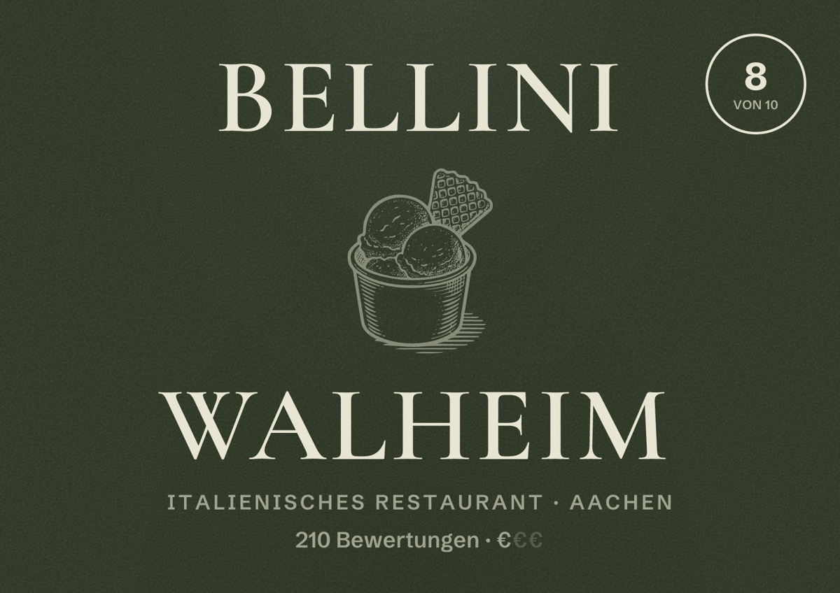 Illustriertes Poster von Bellini Walheim, Italienisches Restaurant in Aachen: Bewertung 8,0 von 10 aus 210 Bewertungen, Preisniveau €