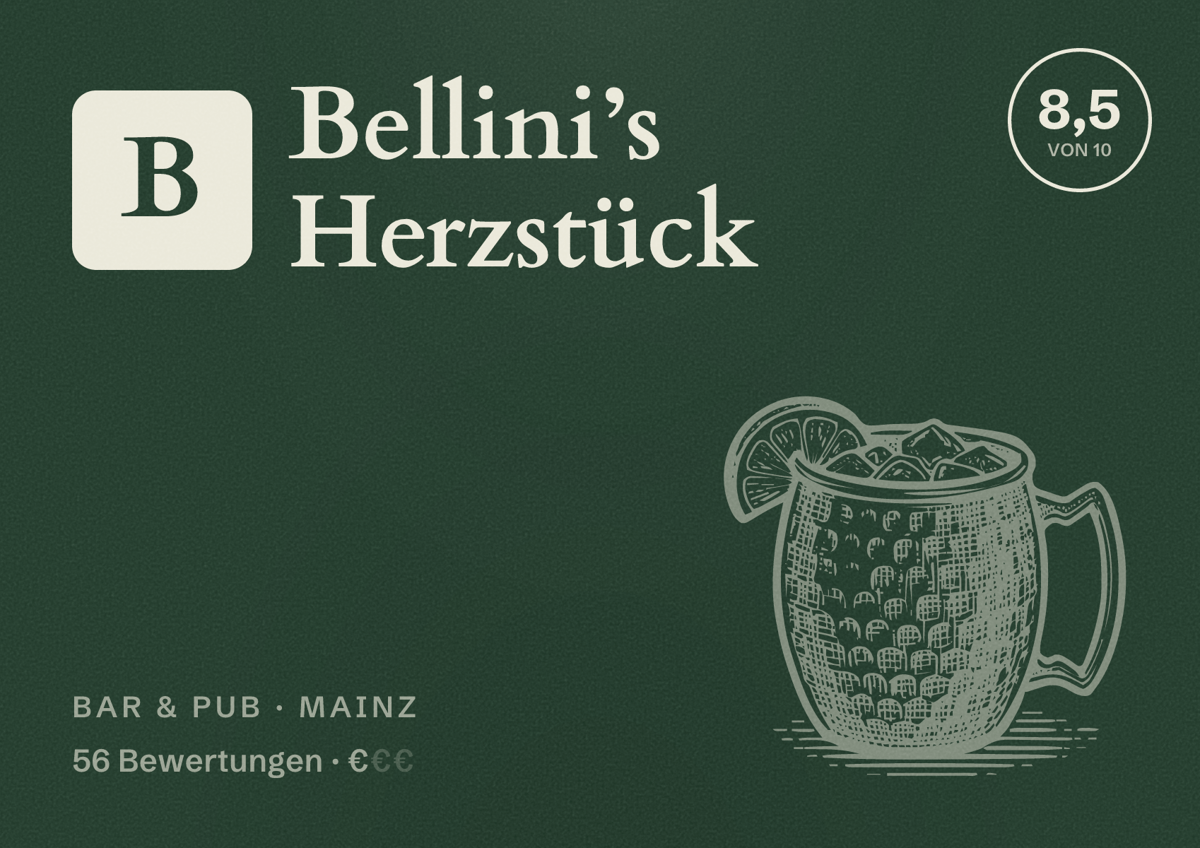 Illustriertes Poster von Bellini’s Herzstück, Bar & Pub in Mainz: Bewertung 8,5 von 10 aus 56 Bewertungen, Preisniveau €