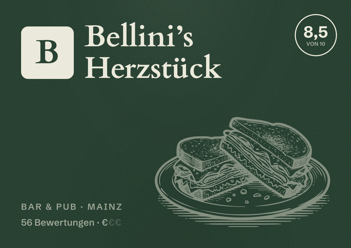 Illustriertes Poster von Bellini’s Herzstück, Bar & Pub in Mainz: Bewertung 8,5 von 10 aus 56 Bewertungen, Preisniveau €