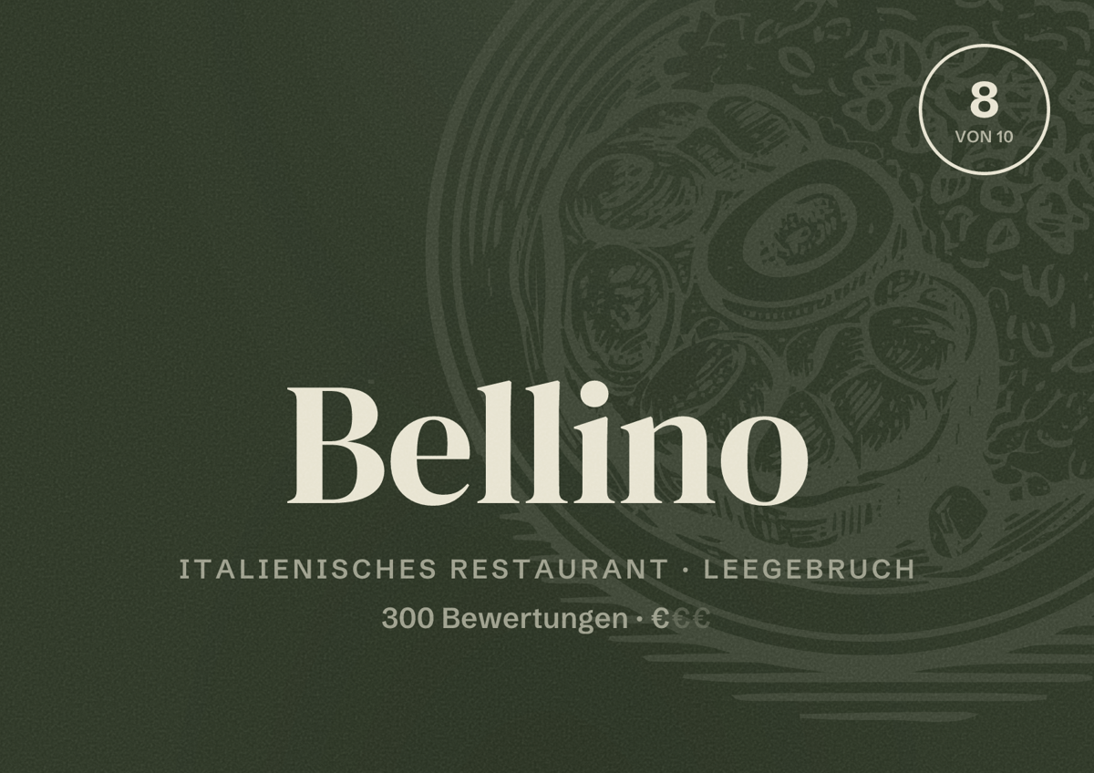 Illustriertes Poster von Bellino, Italienisches Restaurant in Leegebruch: Bewertung 8 von 10 aus 300 Bewertungen, Preisniveau €