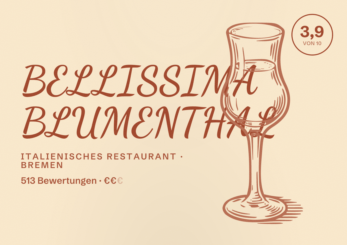 Illustriertes Poster von BELLISSIMA BLUMENTHAL, Italienisches Restaurant in Bremen: Bewertung 3,9 von 10 aus 513 Bewertungen, Preisniveau €€