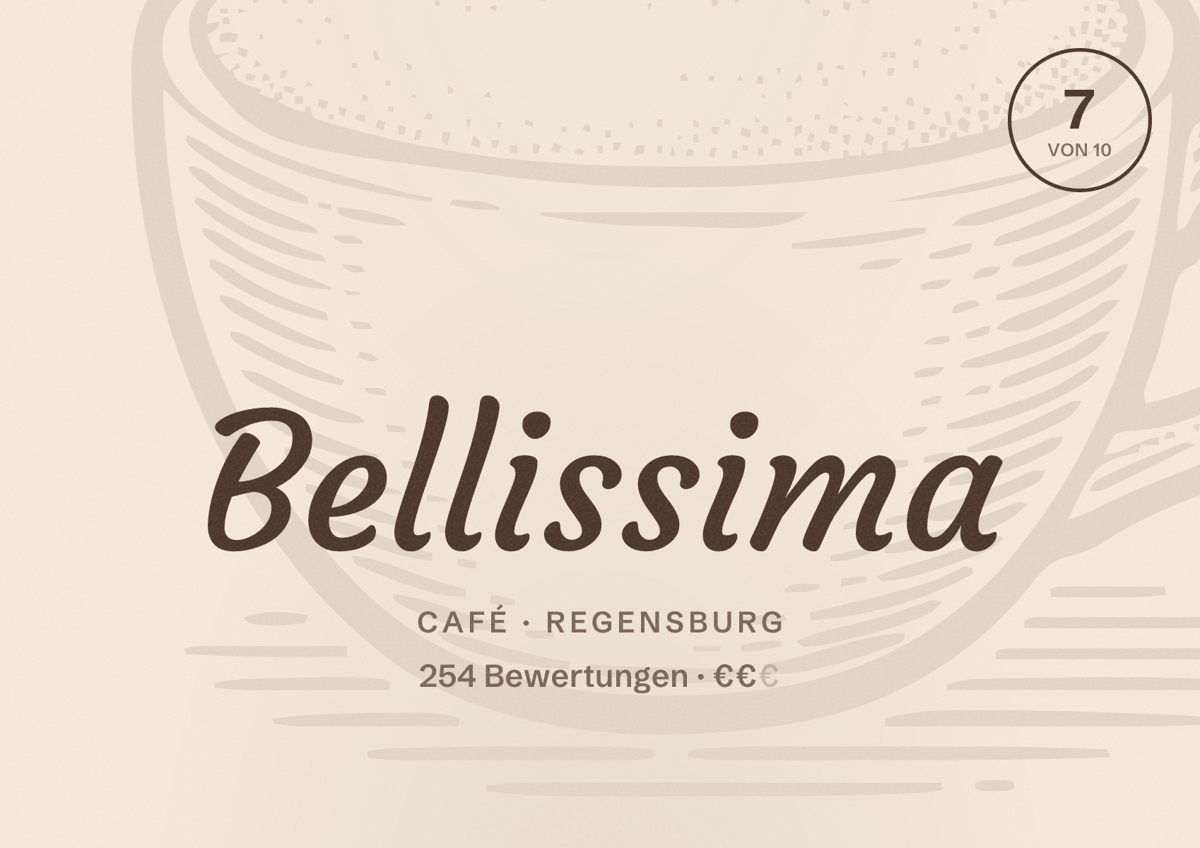 Illustriertes Poster von Bellissima, Café in Regensburg: Bewertung 7,0 von 10 aus 254 Bewertungen, Preisniveau €€